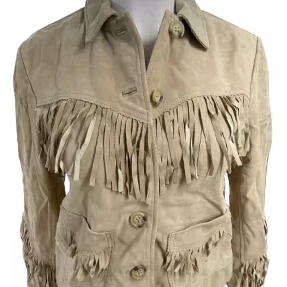 Lauren Ralph Lauren Women’s Fringe Trim Goat Suede Jacket Western Beige NWT $650 - Picture 8 of 16